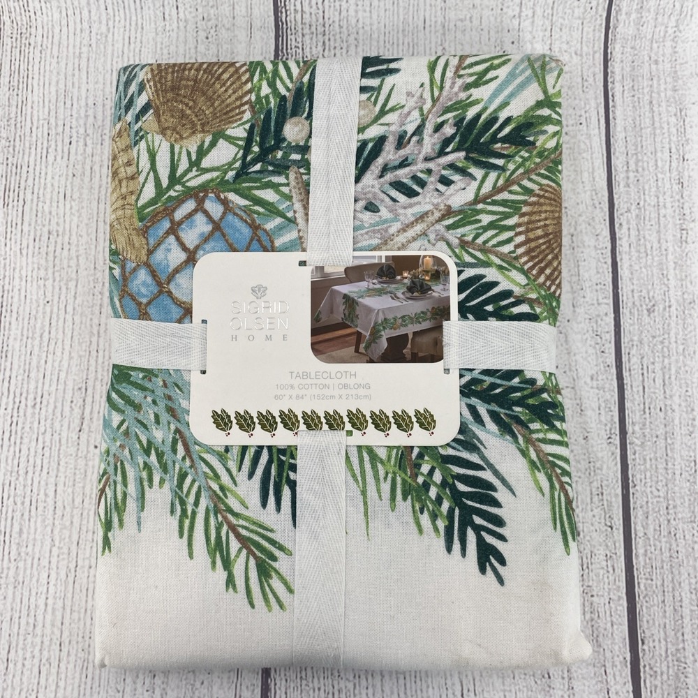 Sigrid Olsen Tablecloth 60x84 White Green Coastal Nautical Sea Shells Coral